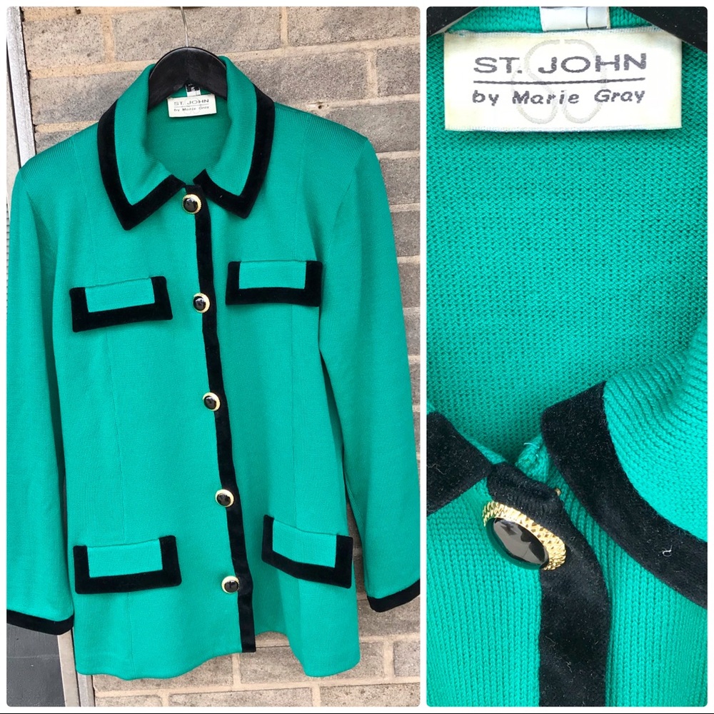 Vintage St. John Green and Black Knit Jacket 12
